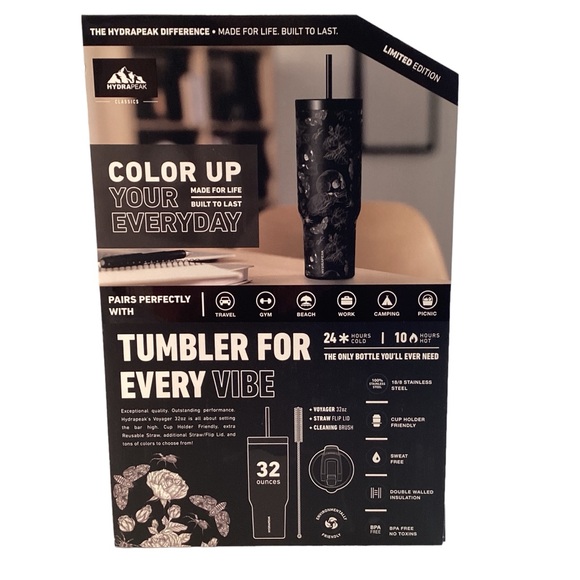 HydraPeak Water Bottle Tumbler Voyager 32oz Stainless Steel SKULLS & FLOWERS BLK - Picture 5 of 6